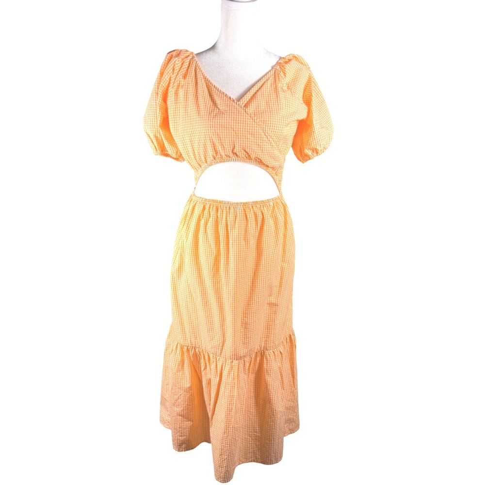 Orange Gingham Cutout Puff Sleeve Tiered Midi Dress Smocked‎ Back Summer Picnic